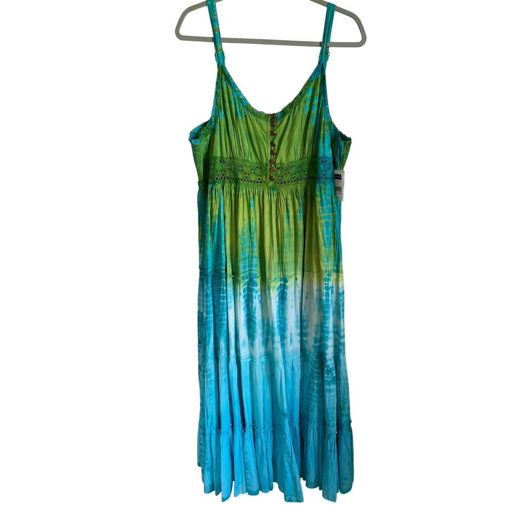 NWT Bay Studio Tie Dye Crochet Lace Boho Maxi Dress Sz XL Cotton Tiered Festival